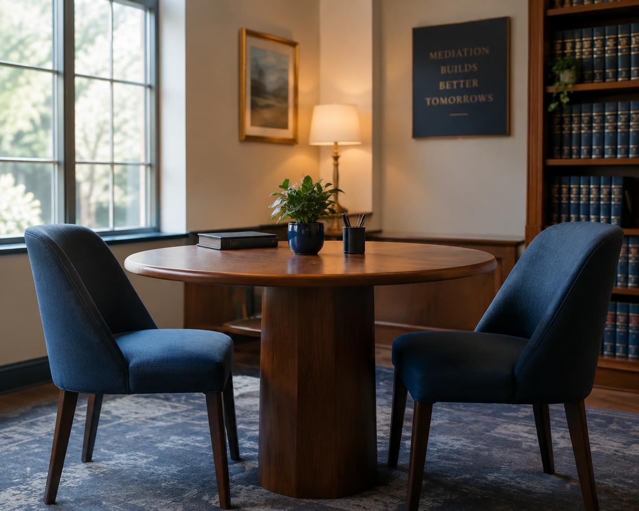 Calm mediation room with a round table and two chairs
